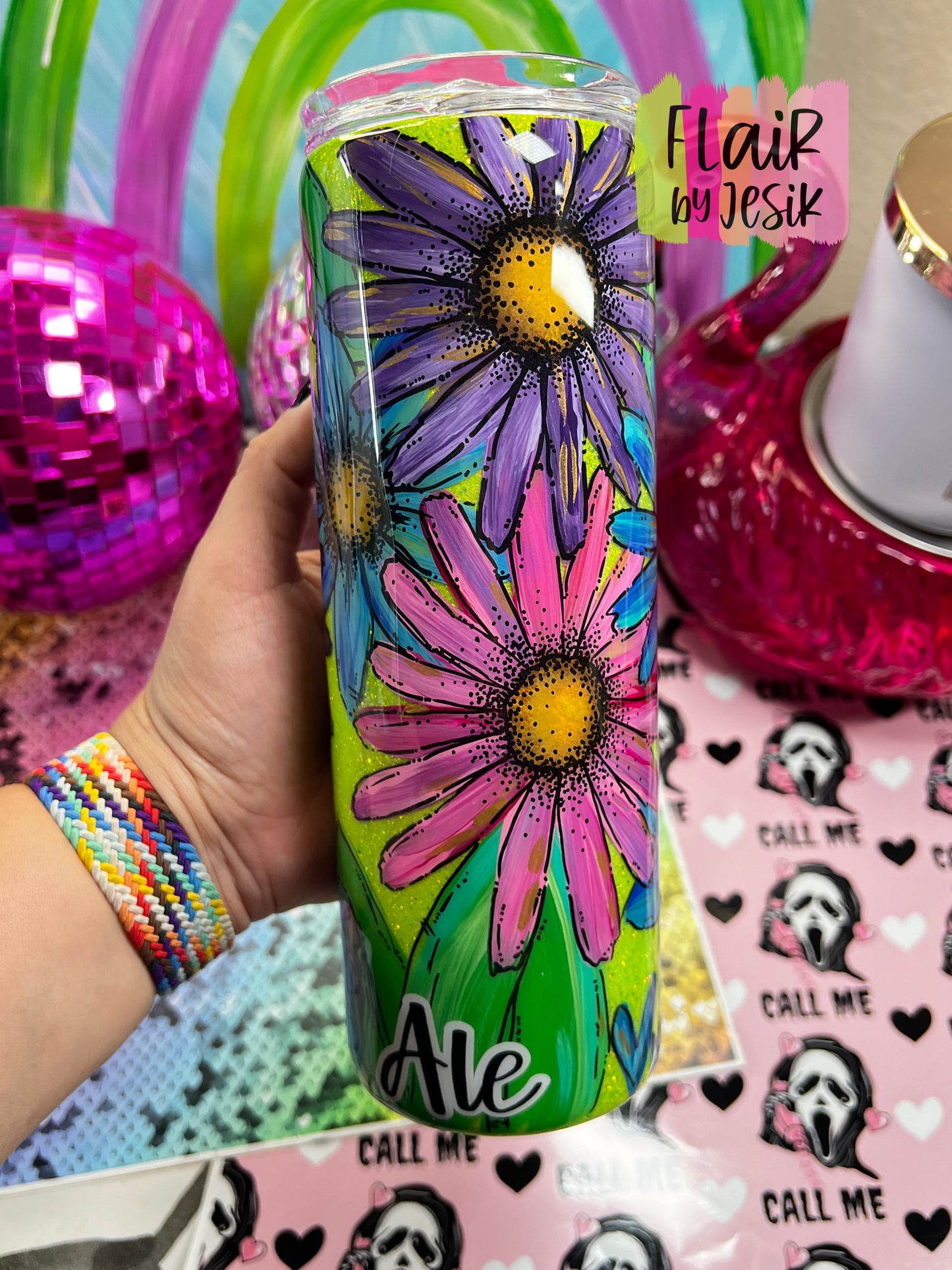 Colorful Glittered Hand Painted Floral Tumbler