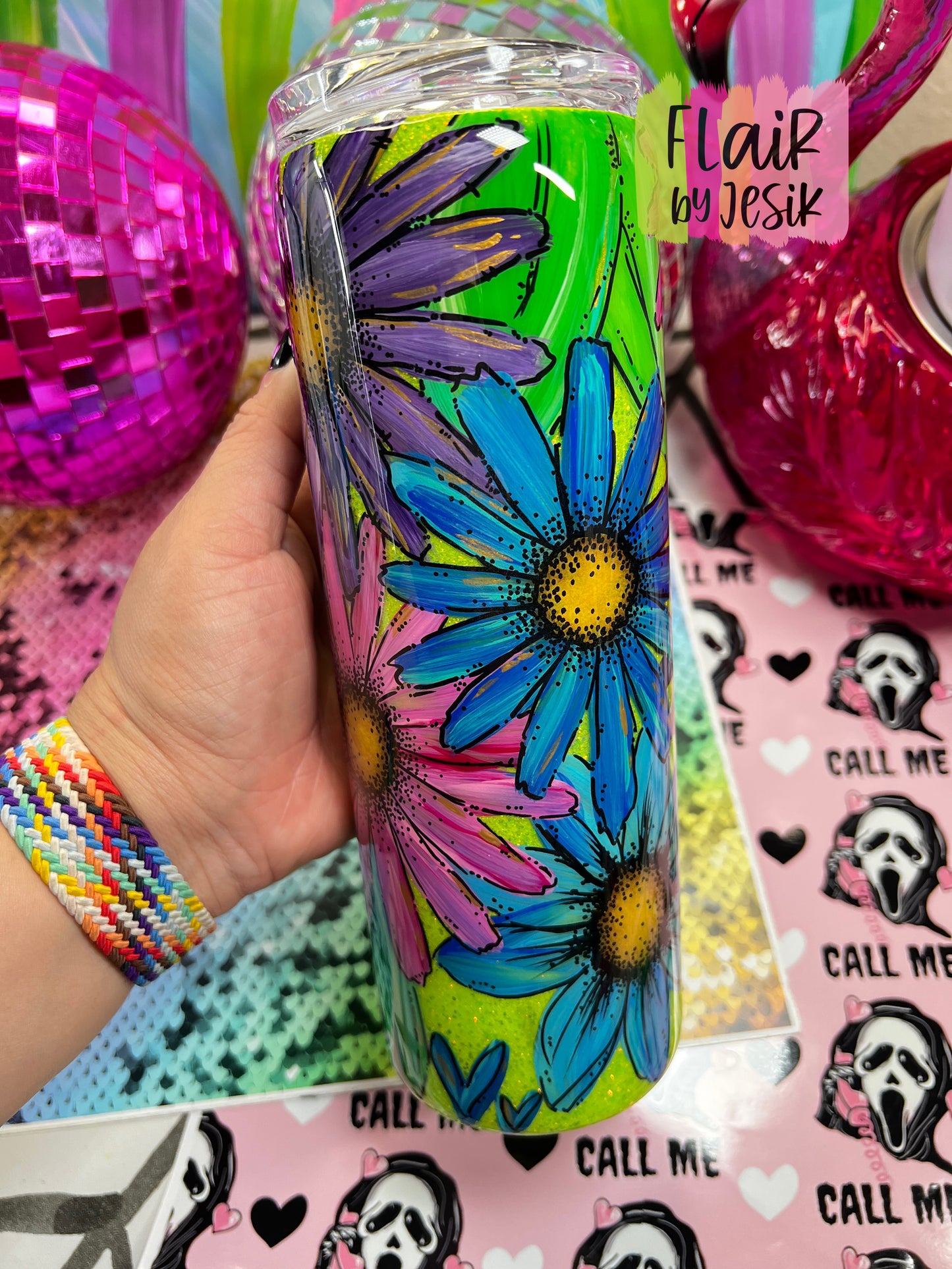 Colorful Glittered Hand Painted Floral Tumbler