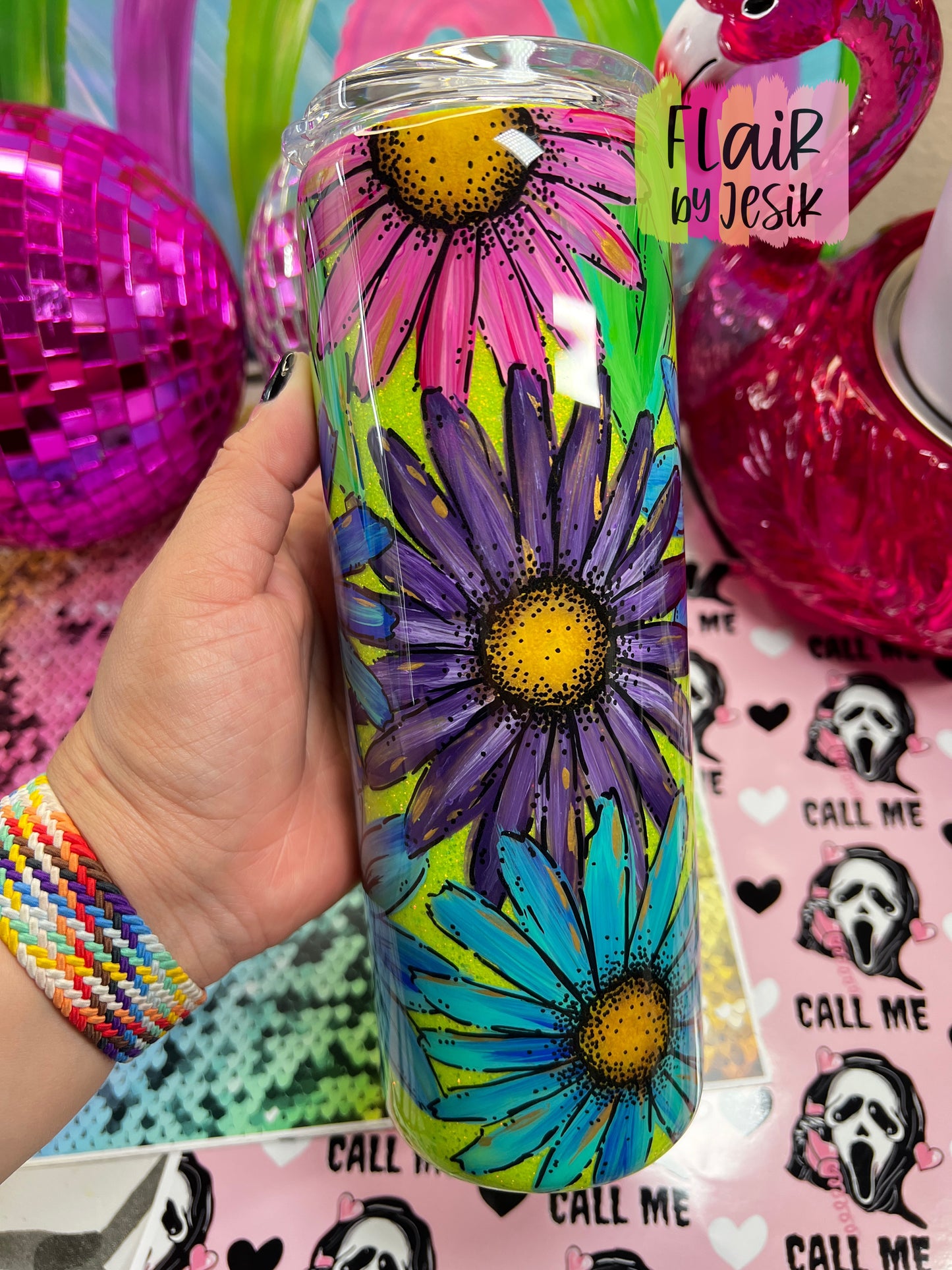 Colorful Glittered Hand Painted Floral Tumbler