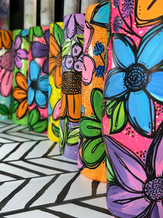 Colorful Glittered Hand Painted Floral Tumbler