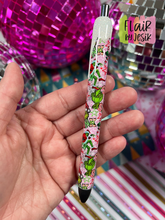 Pink Grinch Themed Pen w/ Glittered White Drip